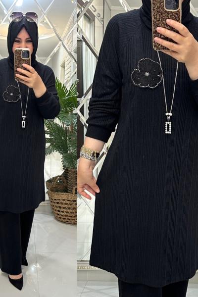 Sevde takım fitilli triko siyah