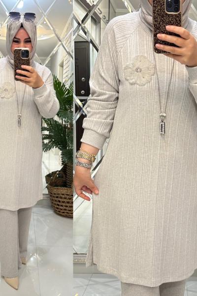 Sevde takım fitilli triko gri