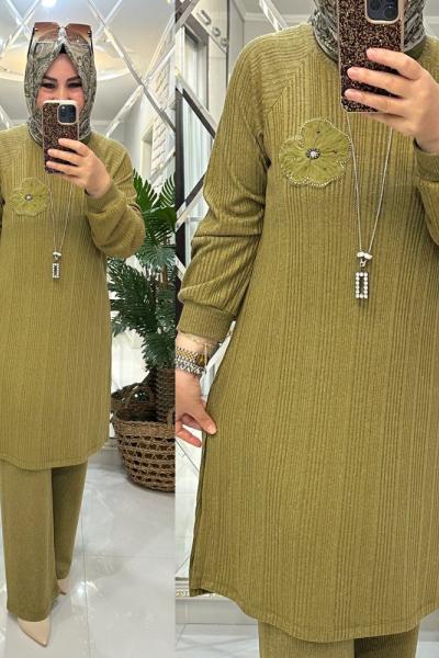 Sevde takım fitilli triko yeşil