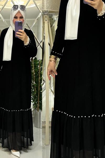 Siyah inci elbise sandy kumaş