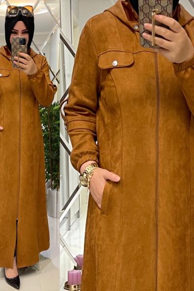 Süet kumaş uzun pardesü taba