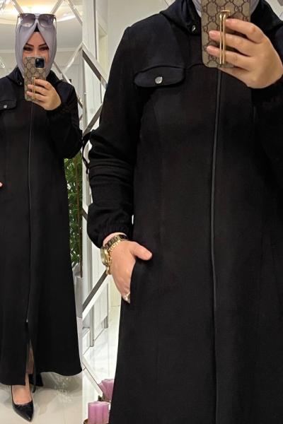 Süet kumaş uzun pardesü siyah