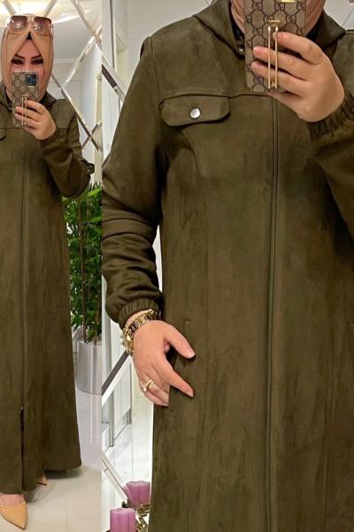 Süet kumaş uzun pardesü haki