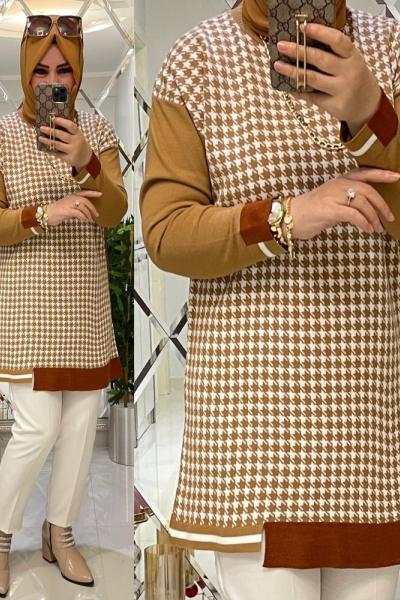 SütlüKahve şeritli kazayağı triko tunik