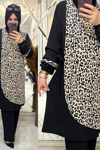 Suzi takım krem leopar desenli bürümcük kumaş