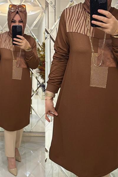 Tuana tunik ikiiplik penye kumaş kahve