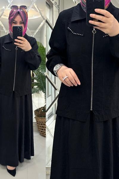 Venedik  etekli takım keten qupra kumaş siyah