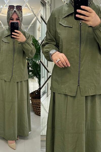 Venedik  etekli takım keten qupra kumaş haki