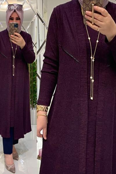 Yelekli takım kaşkorse fitilli triko mürdüm