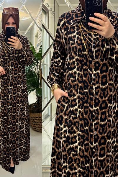 Zaide elbise leopar desenli viskon kumaş