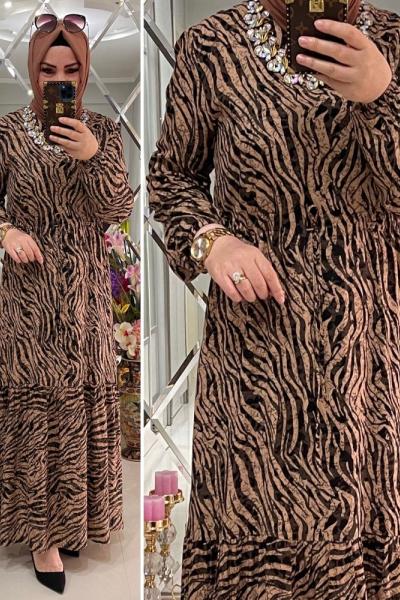 Zebra desenli pamuklu viskon kumaş elbise
