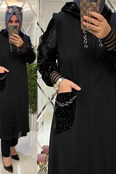 Zehra Üç İplik Kalın Penye Tül Detaylı Kap Siyah