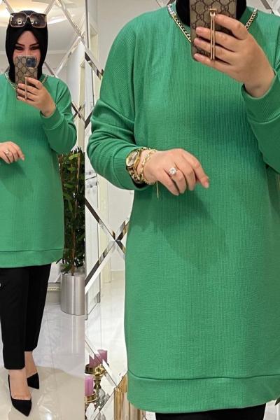 Zincir kolyeli fitilli penye tunik yeşil