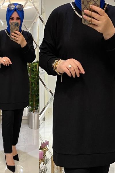 Zincir kolyeli fitilli penye tunik siyah