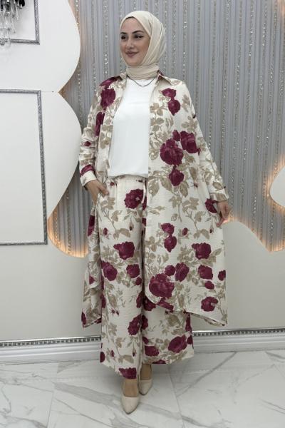 Bahargül Pantolonlu Takım Mürdüm