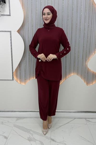 Büzgü pantolonlu takım Bordo