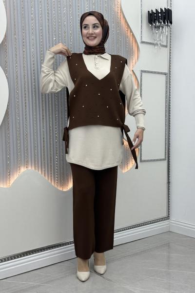 Cevher Yelekli 3’LÜ Takım Kahverengi