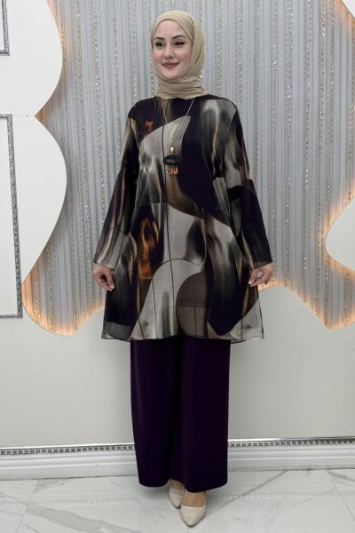 Dalga Pantolonlu Takım Mor