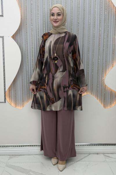 Dalga Pantolonlu Takım Gül