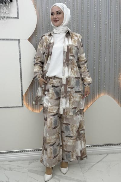 Ebrar Pantolonlu Takım Kahverengi