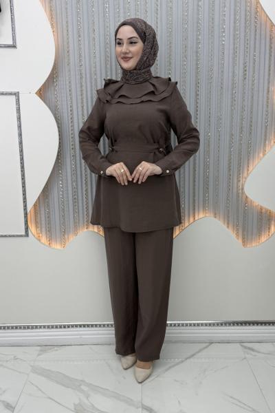 Firuze Pantolonlu Takım Kahverengi