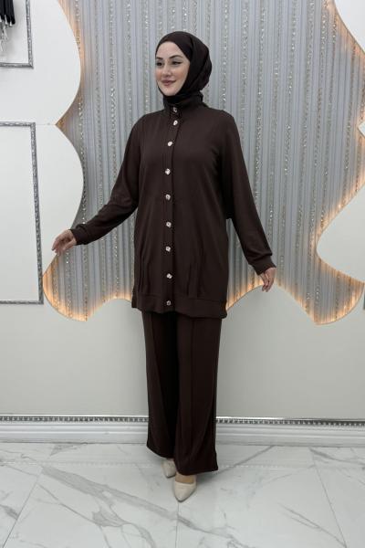 Lale Pantolonlu Takım Kahverengi