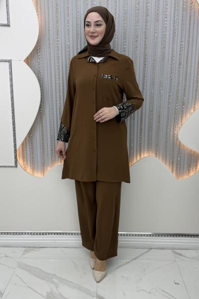 Lila Pantolonlu Takım Sütlü Kahve