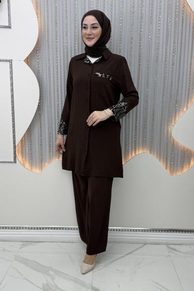 Lila Pantolonlu Takım Kahverengi