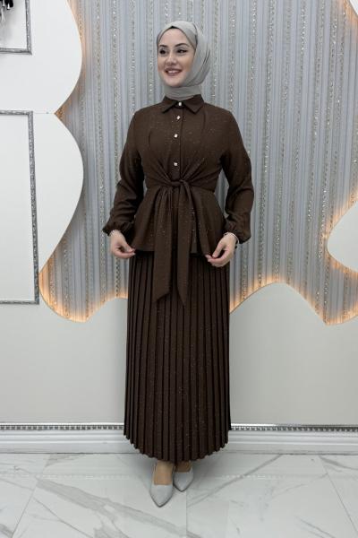 Pırıltı Etekli Takım Kahverengi