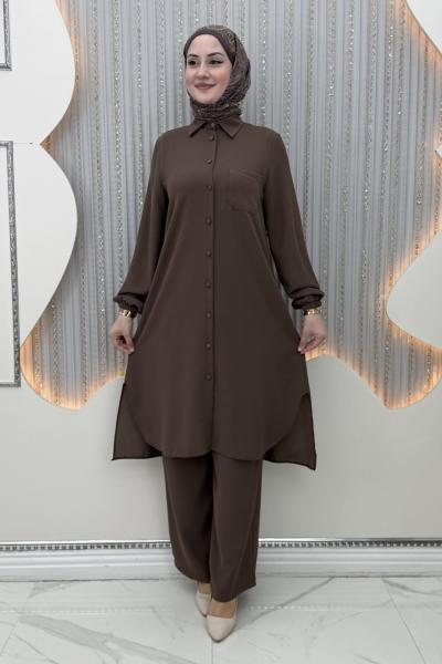 Rozalin Pantolonlu Takım Kahverengi