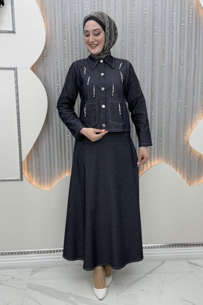 Taşlı esinti kot etekli takım Lacivert