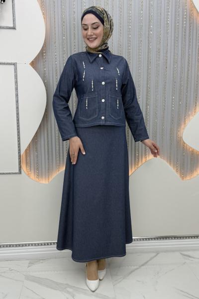 Taşlı esinti kot etekli takım Mavi