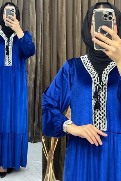 3264 Eftal Kadife Elbise Saks Mavisi