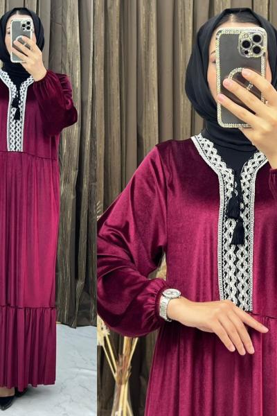 3264 Eftal Kadife Elbise Bordo