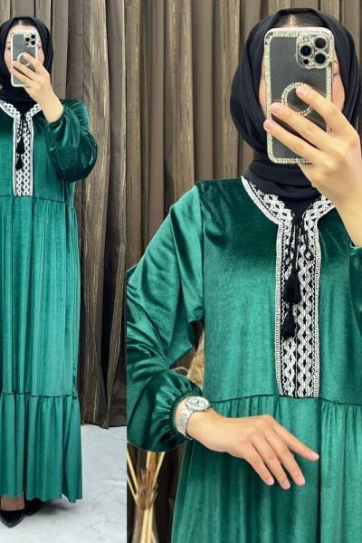 3264 Eftal Kadife Elbise Zümrüt