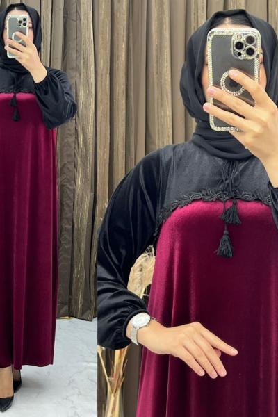 3273 Füsun Kadife  Elbise Bordo Bordo