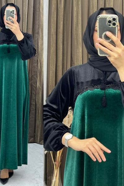 3273 Füsun Kadife  Elbise Zümrüt Zümrüt