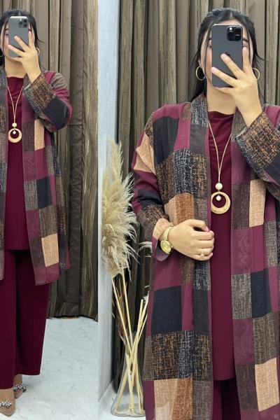 3297 Halime 3 Lü Takım Bordo Bordo