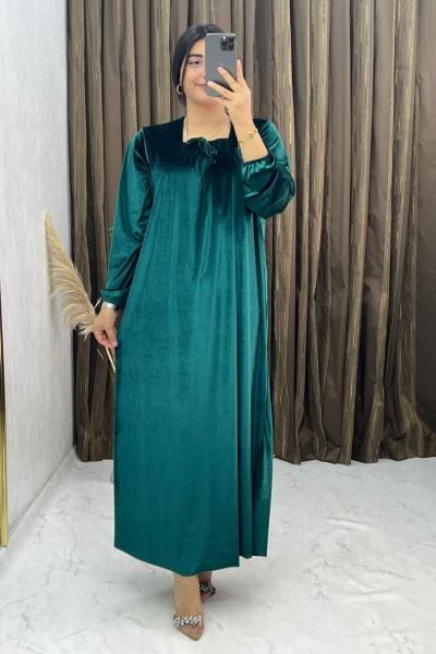 3298 Çilek Kadife  Elbise Zümrüt Zümrüt