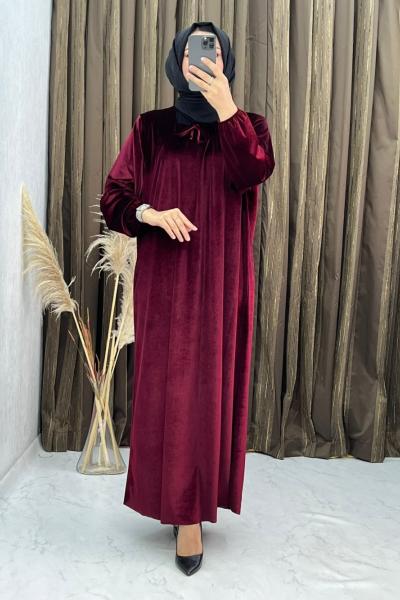 3298 Çilek Kadife  Elbise Bordo Bordo