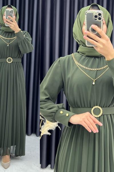 3336 Nurperi Şifon Elbise Haki Haki