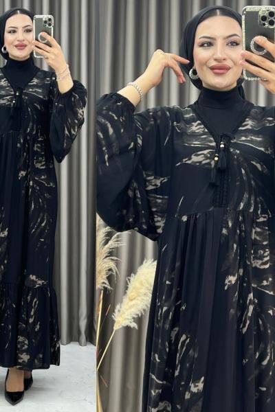 3361 Sema Balon Kol Elbise Siyah Siyah