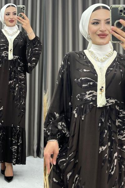 3361 Sema Balon Kol Elbise Kahverengi  Kahverengi