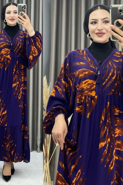 3361 Sema Balon Kol Elbise Mor Mor