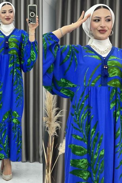 3361 Sema Balon Kol Elbise Mavi Mavi