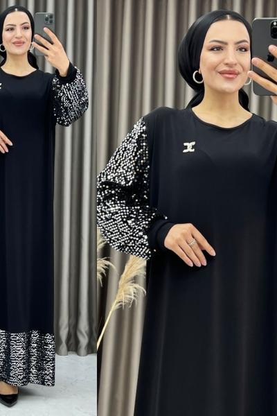 3386 Payet Elbise Siyah Siyah