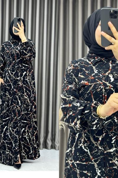 3514 Mozaik Elbise Siyah-Turuncu Siyahturuncu