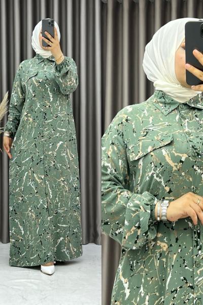 3514 Mozaik Elbise Yeşil Yeşil