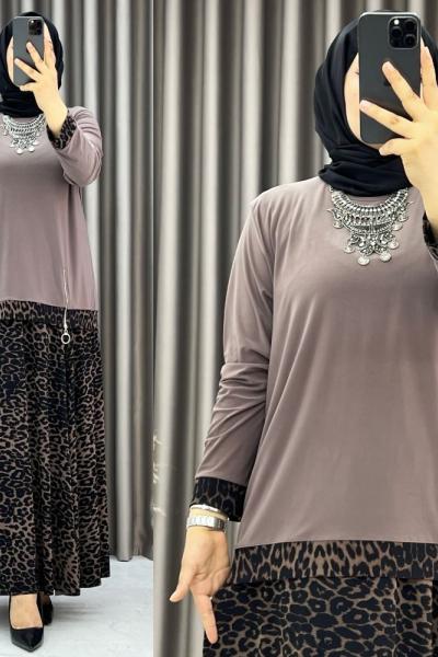 3520 Ayşıl Leopar Etekli Takım Vizon Vizon