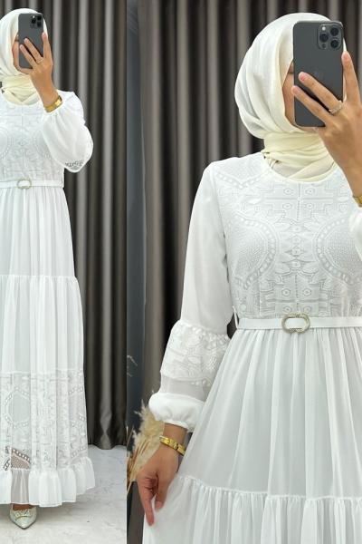 3525 Parla Elbise Beyaz Beyaz